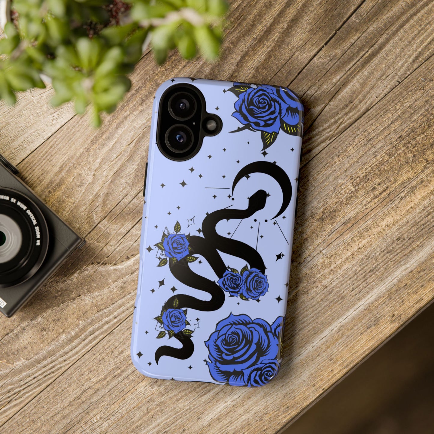 Blue Roses Crescent Moon Snake iPhone Case for iOS Devices
