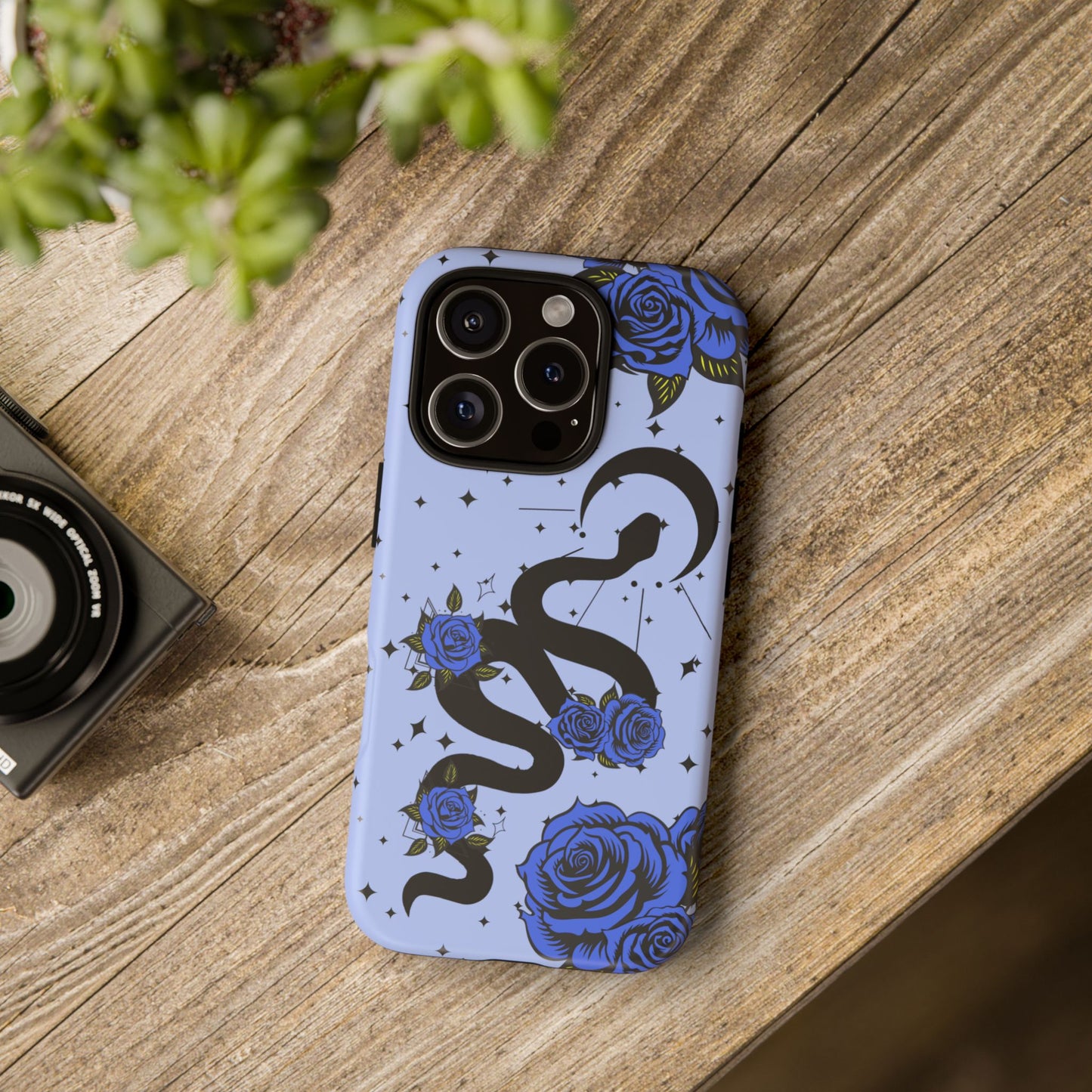 Blue Roses Crescent Moon Snake iPhone Case for iOS Devices