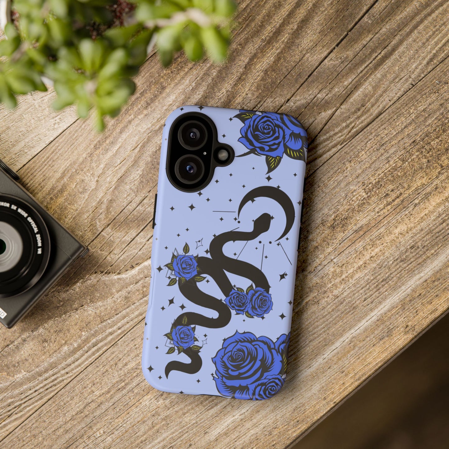 Blue Roses Crescent Moon Snake iPhone Case for iOS Devices
