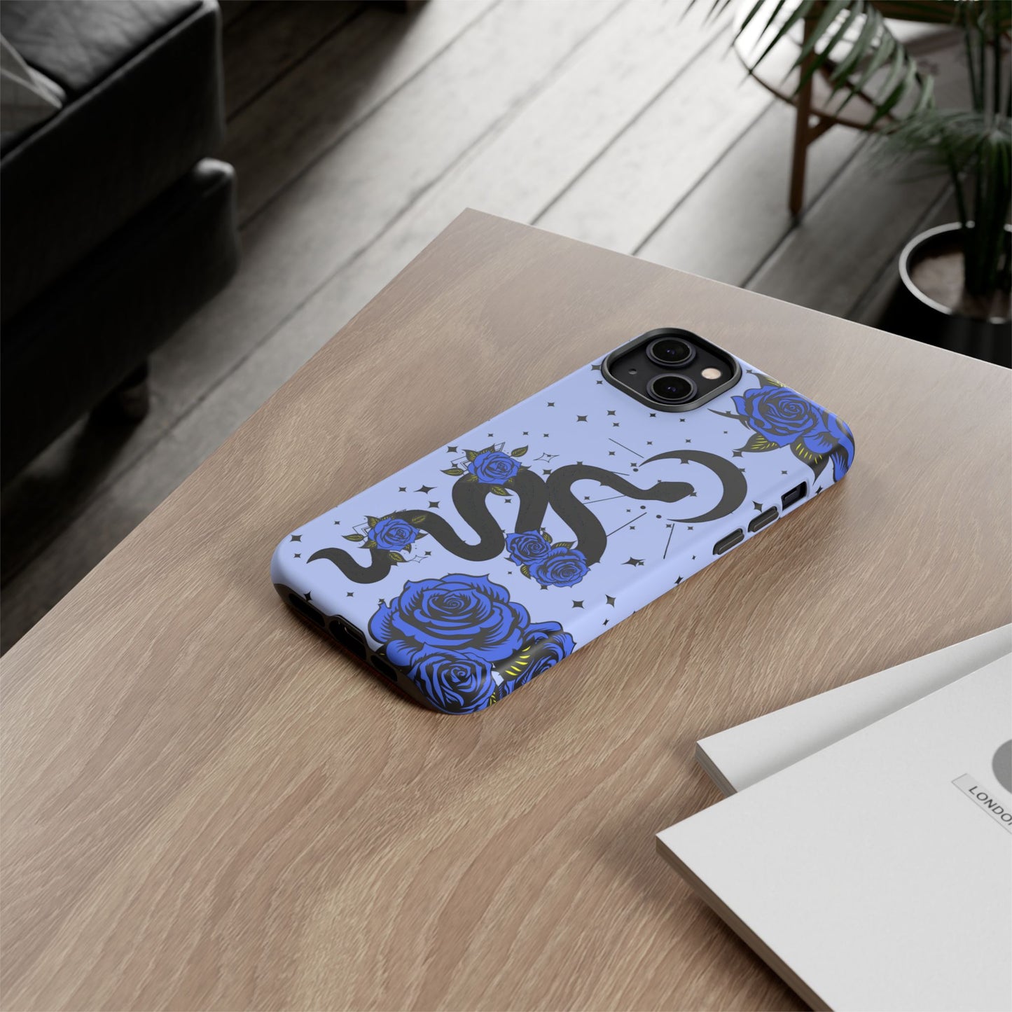 Blue Roses Crescent Moon Snake iPhone Case for iOS Devices