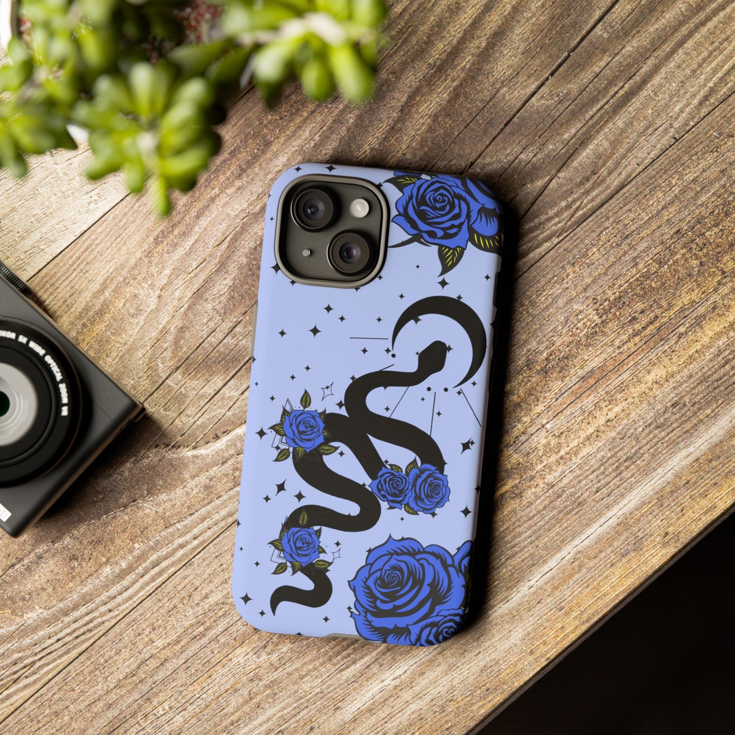Blue Roses Crescent Moon Snake iPhone Case for iOS Devices