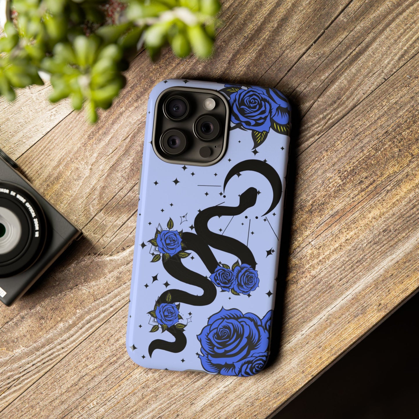 Blue Roses Crescent Moon Snake iPhone Case for iOS Devices