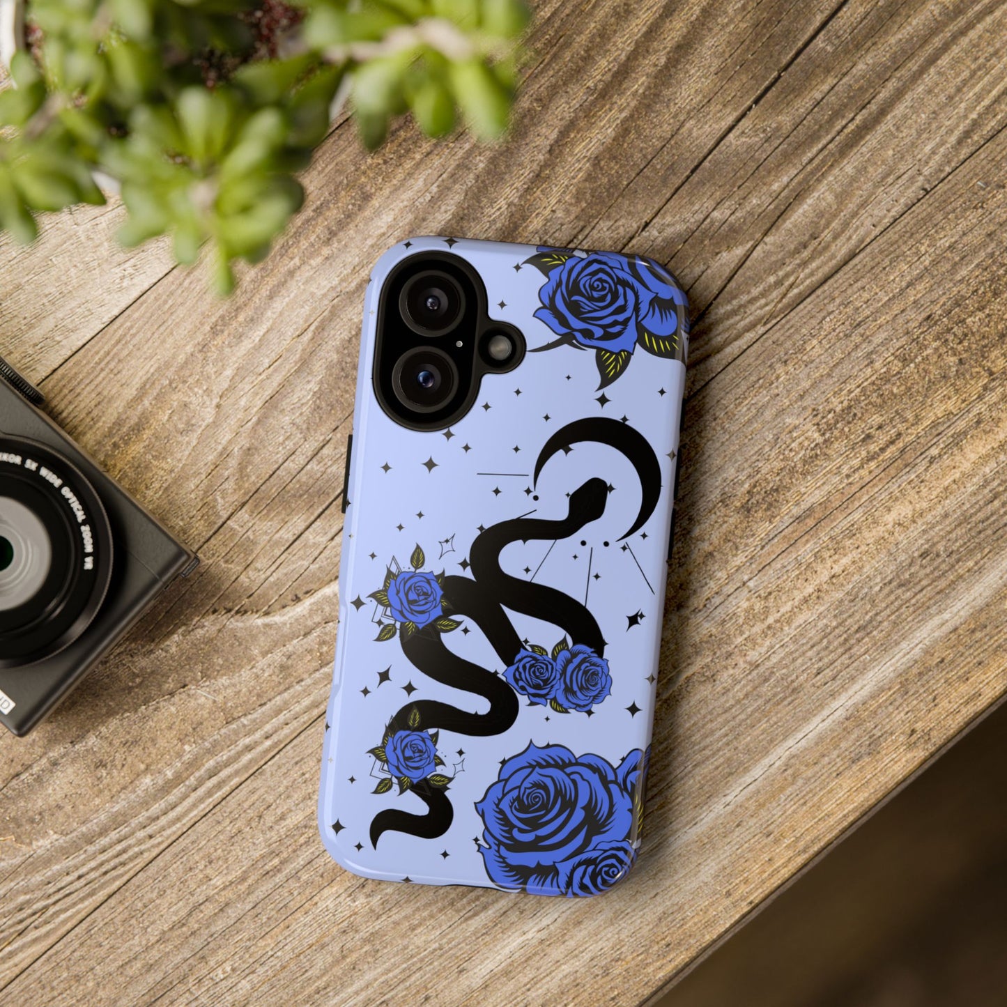 Blue Roses Crescent Moon Snake iPhone Case for iOS Devices