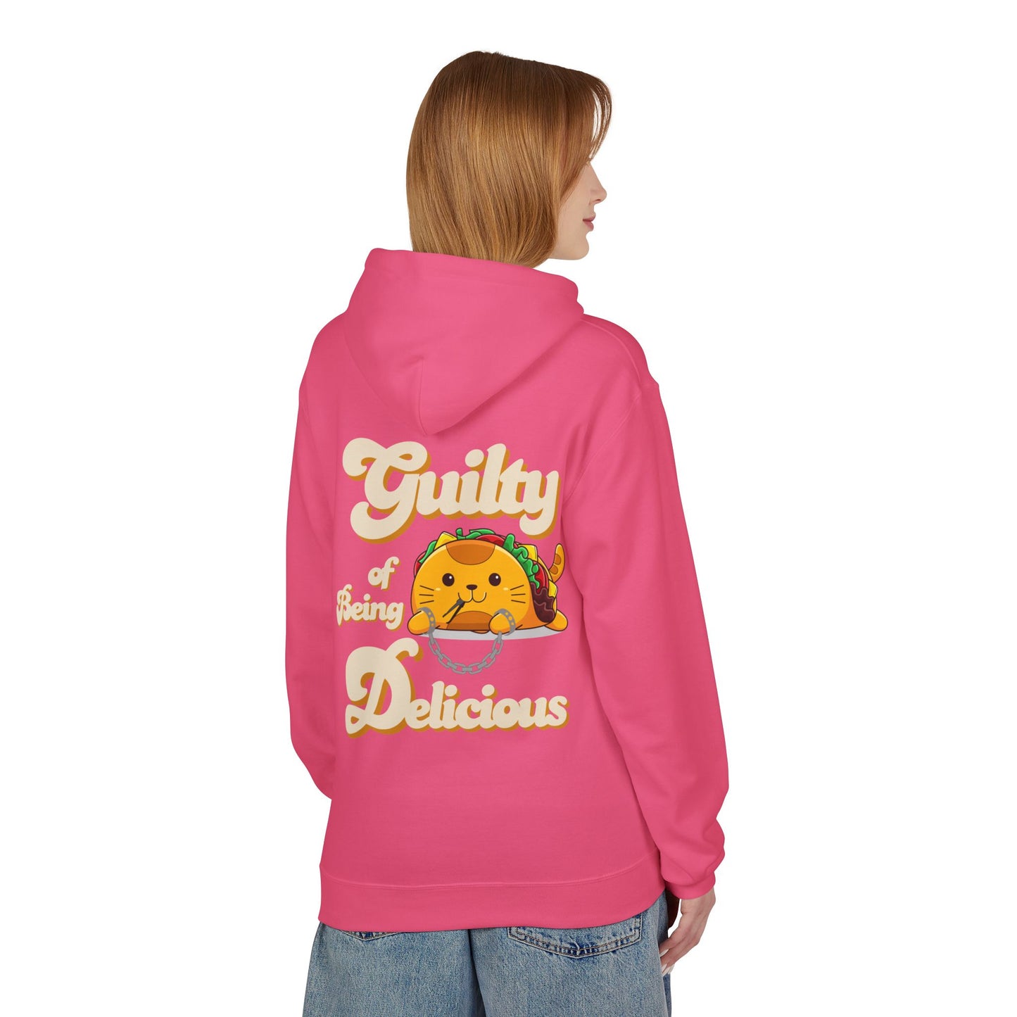 Kawaii Guilty Taco Cat - Front and Back Design Graphic Hoodie | Unisex Midweight Softstyle Fleece