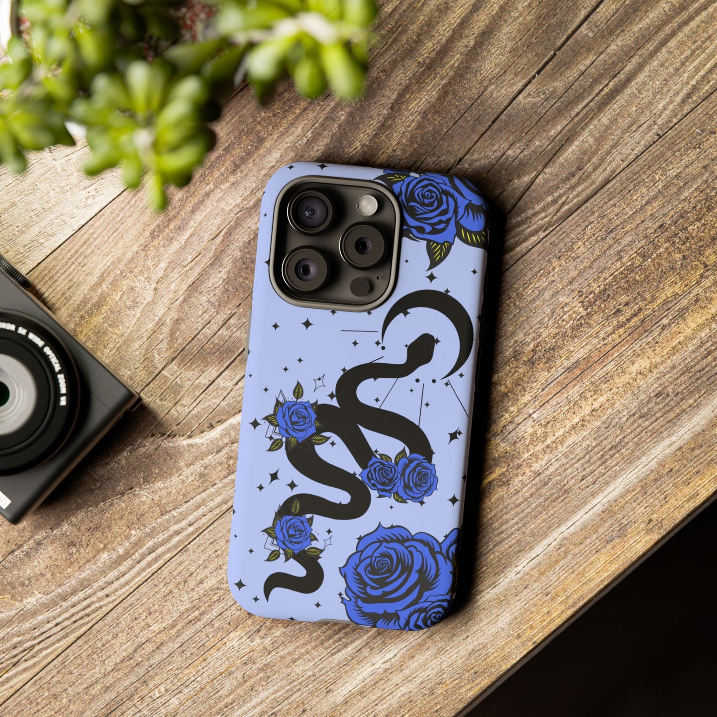 Blue Roses Crescent Moon Snake iPhone Case for iOS Devices