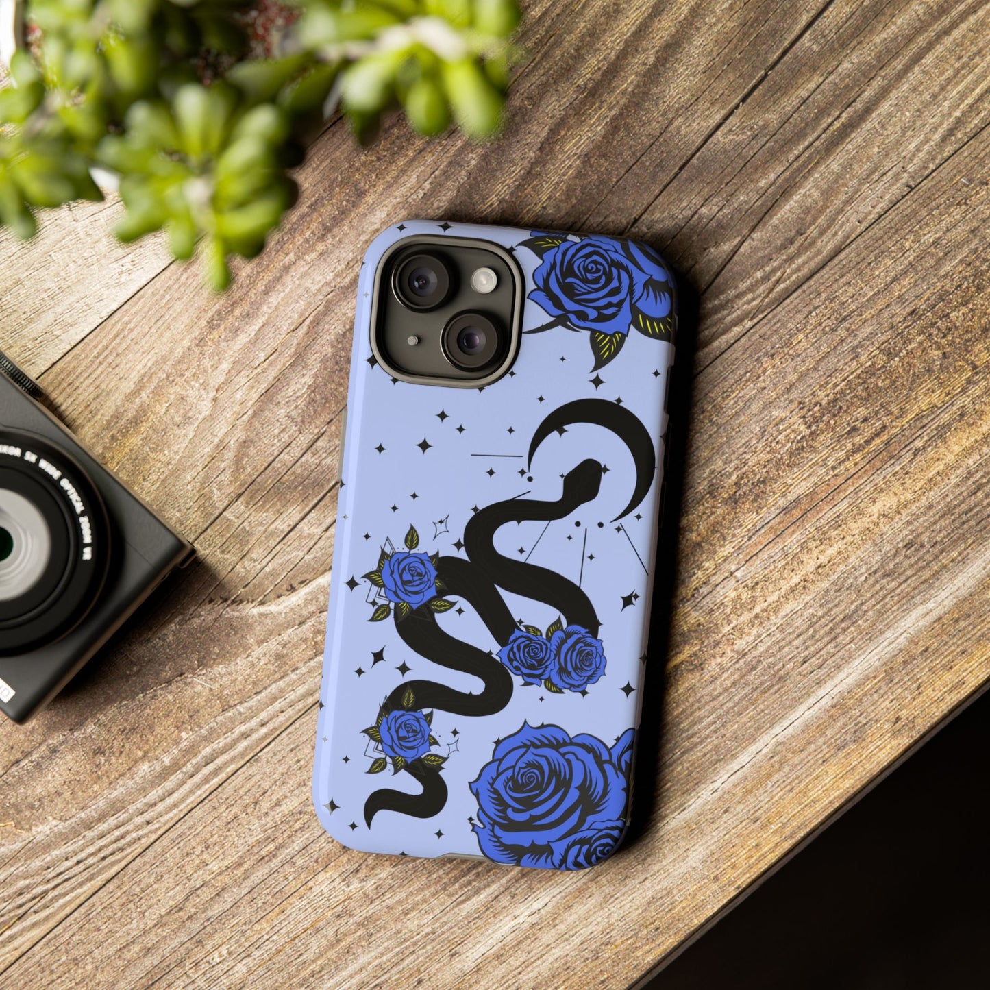 Blue Roses Crescent Moon Snake iPhone Case for iOS Devices