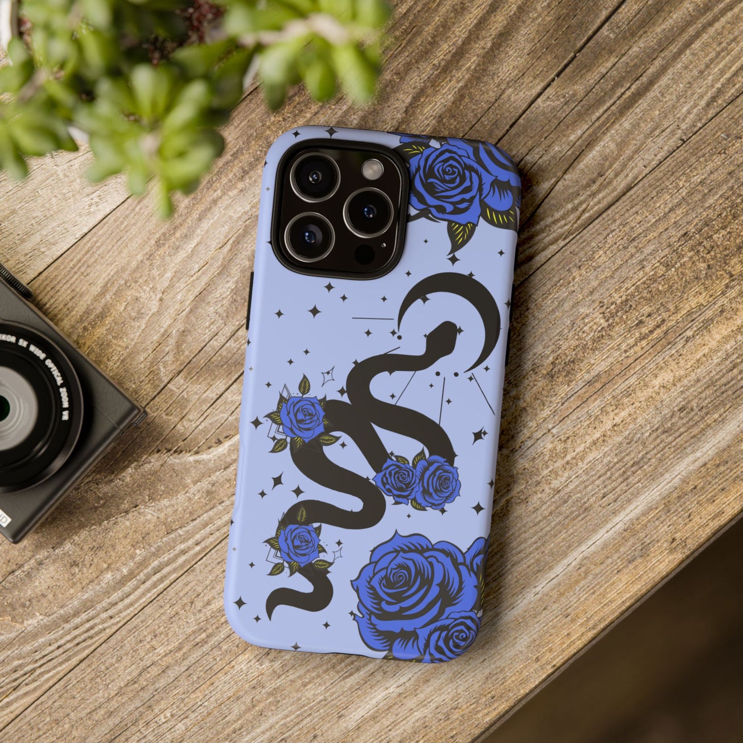 Blue Roses Crescent Moon Snake iPhone Case for iOS Devices