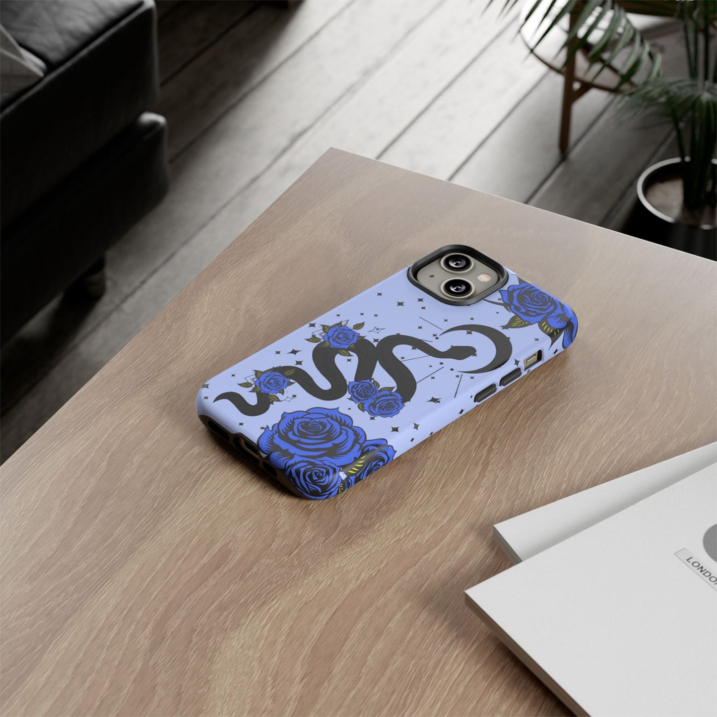 Blue Roses Crescent Moon Snake iPhone Case for iOS Devices