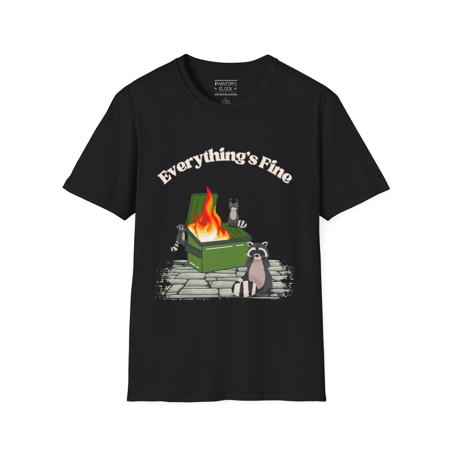 Everything's Fine Raccoon Dumpster Fire Funny Graphic Tee | Unisex Softstyle T-Shirt
