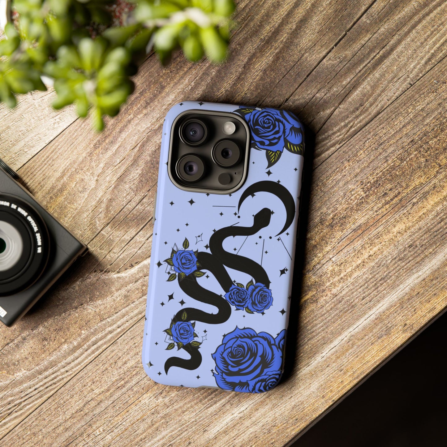 Blue Roses Crescent Moon Snake iPhone Case for iOS Devices