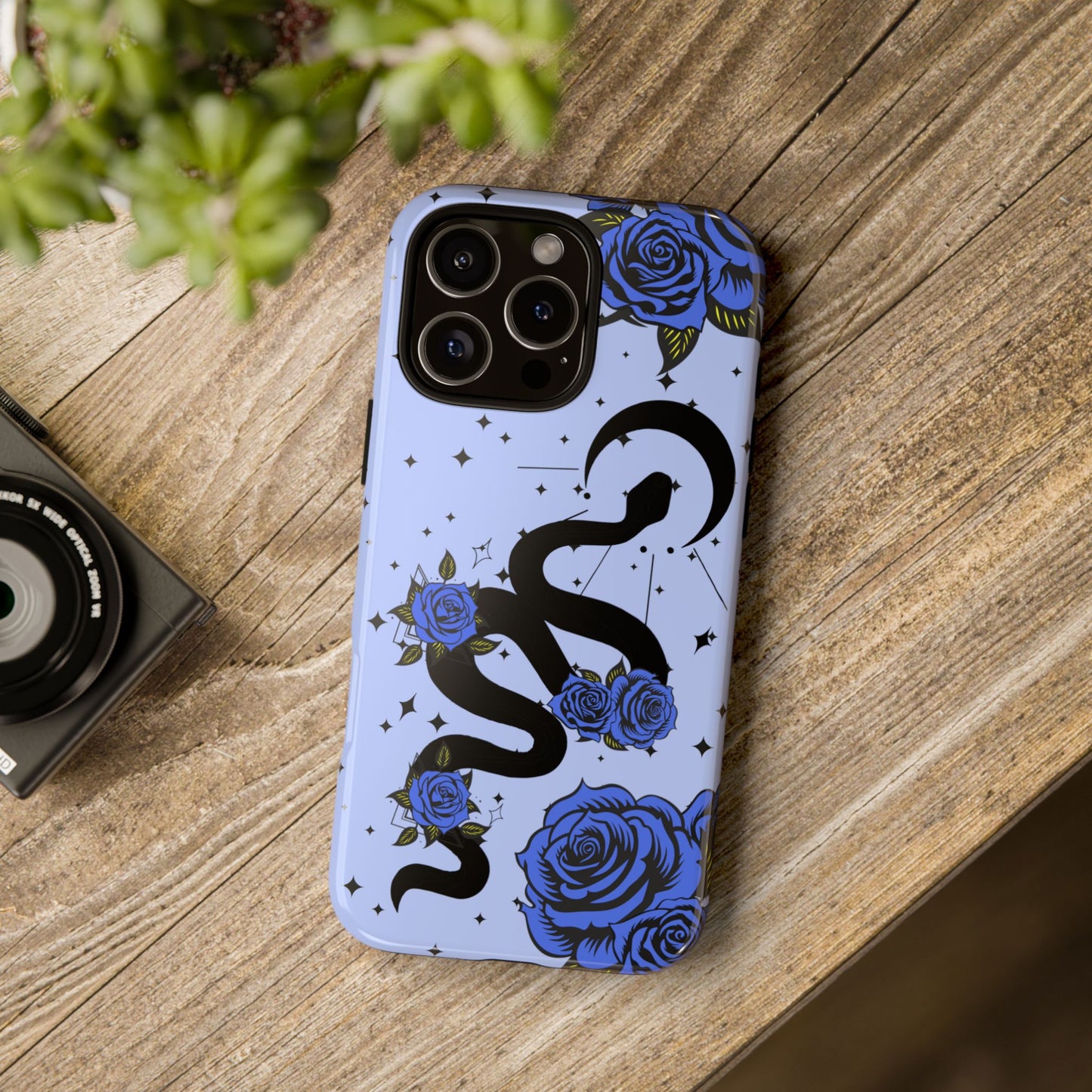 Blue Roses Crescent Moon Snake iPhone Case for iOS Devices