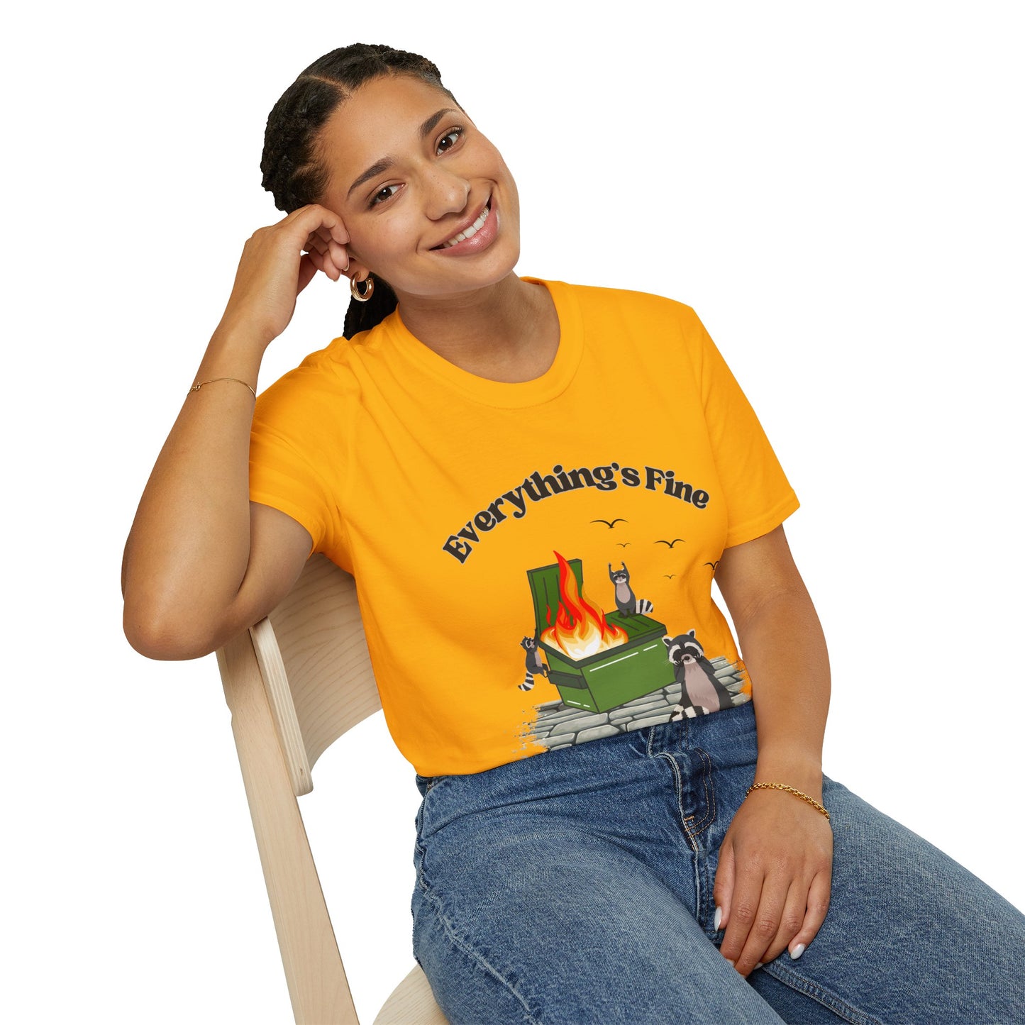 Everything's Fine Raccoon Dumpster Fire Funny Graphic Tee | Unisex Softstyle T-Shirt