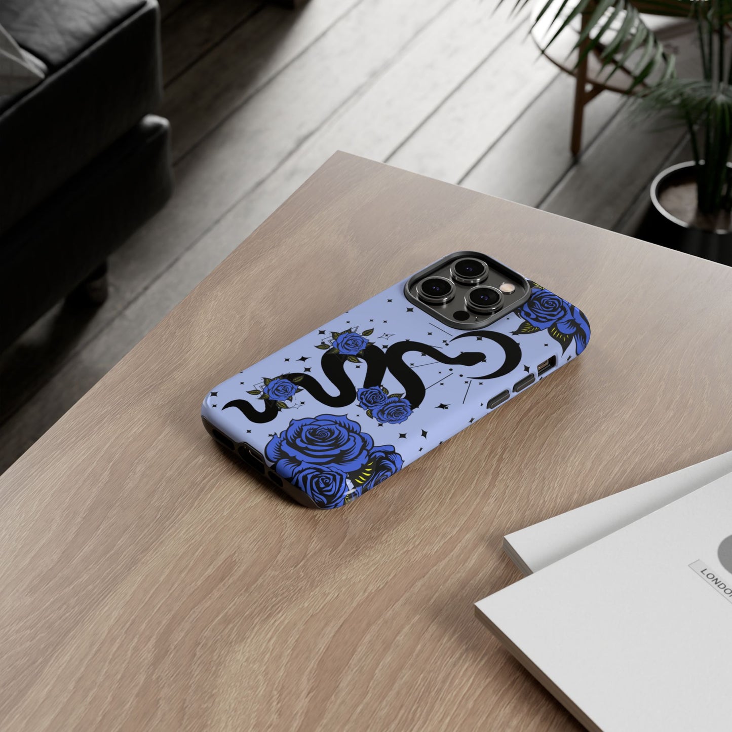 Blue Roses Crescent Moon Snake iPhone Case for iOS Devices