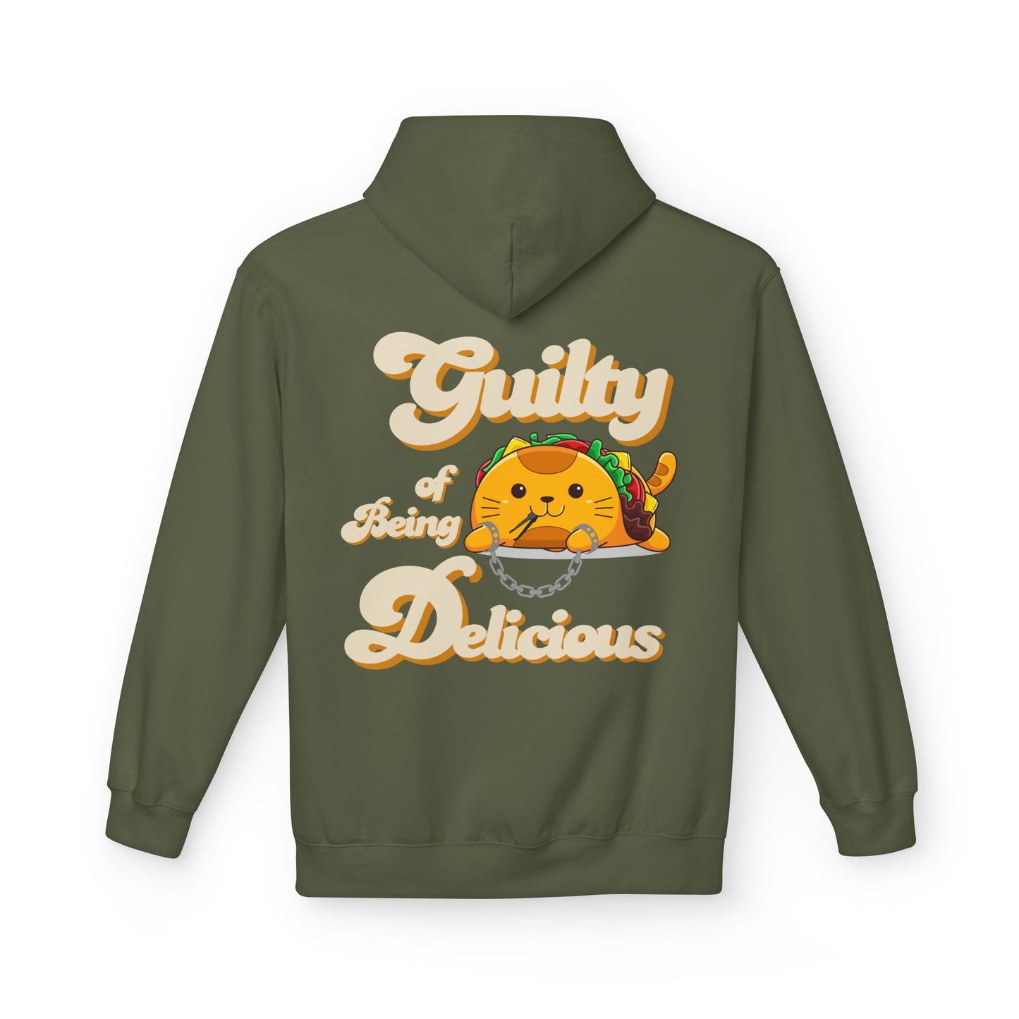 Kawaii Guilty Taco Cat - Front and Back Design Graphic Hoodie | Unisex Midweight Softstyle Fleece