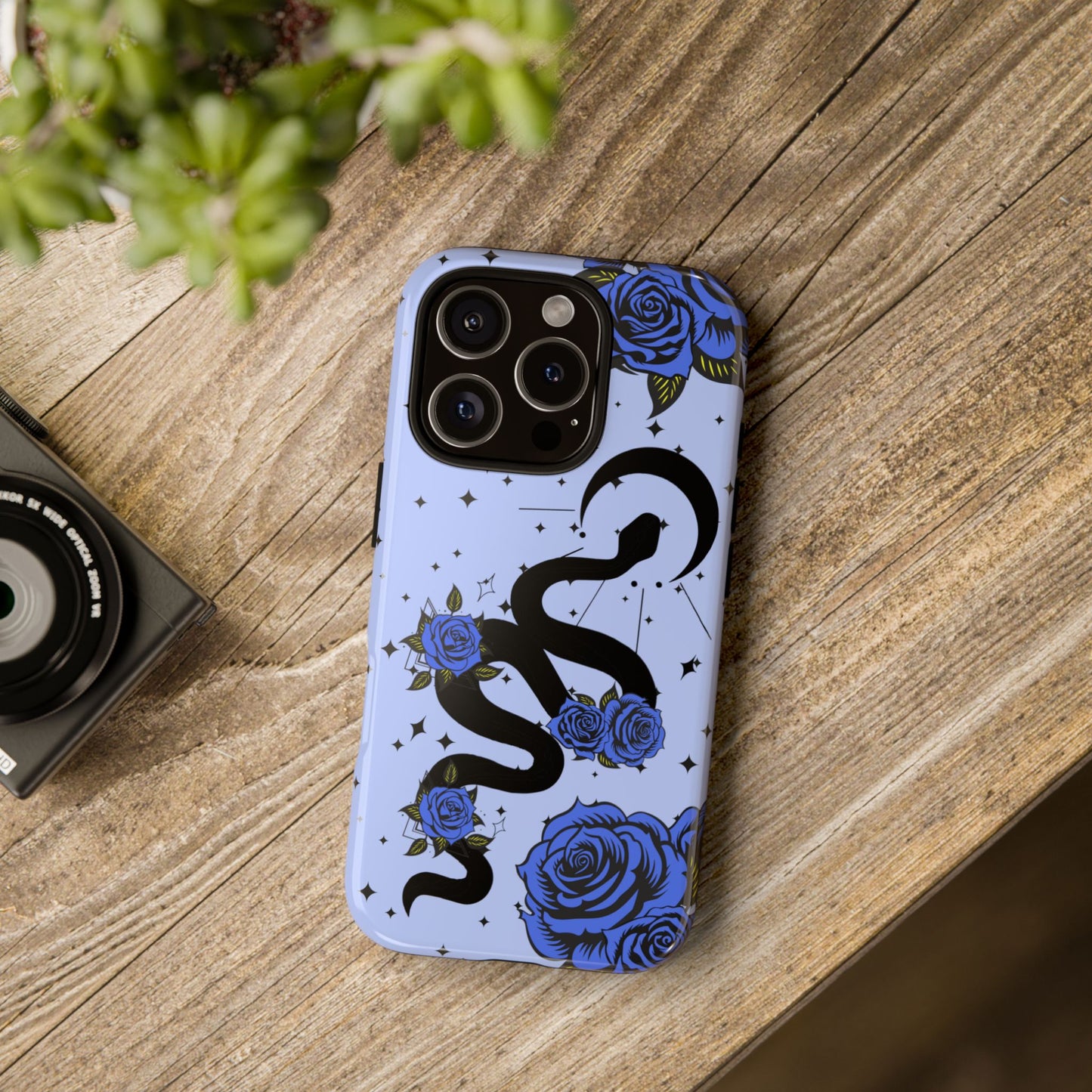 Blue Roses Crescent Moon Snake iPhone Case for iOS Devices