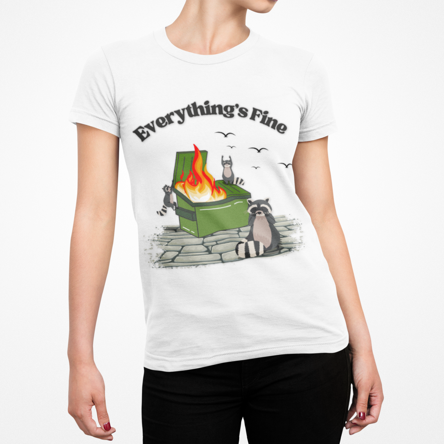Everything's Fine Raccoon Dumpster Fire Funny Graphic Tee | Unisex Softstyle T-Shirt