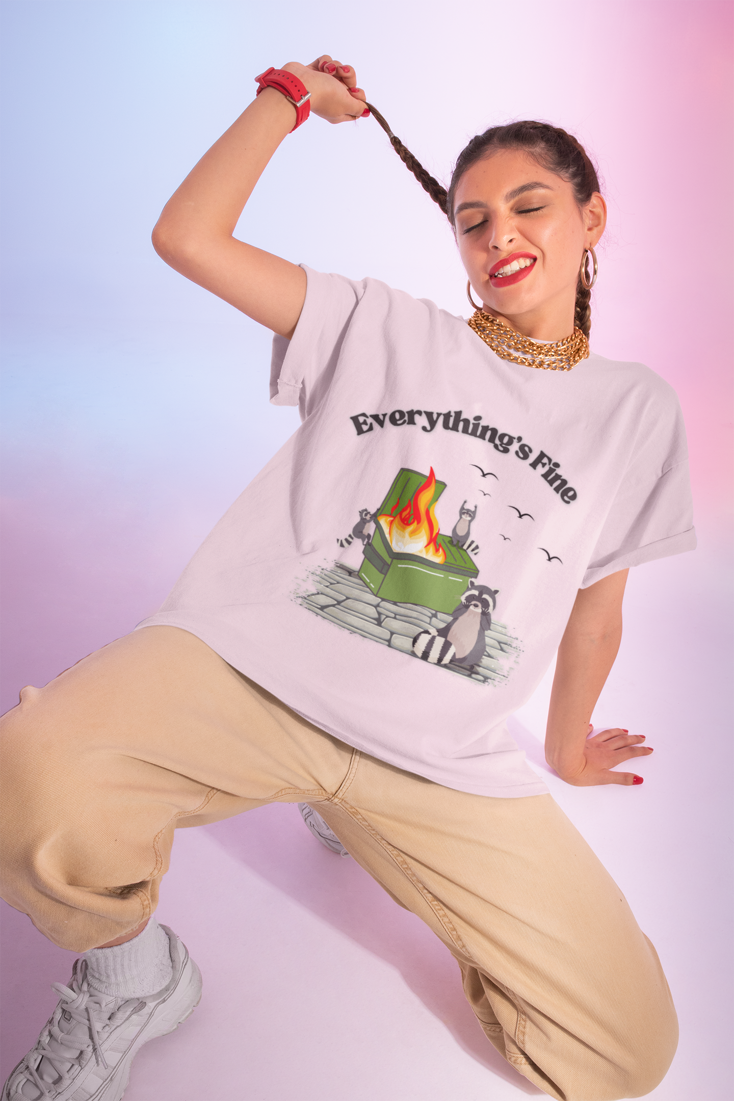 Everything's Fine Raccoon Dumpster Fire Funny Graphic Tee | Unisex Softstyle T-Shirt