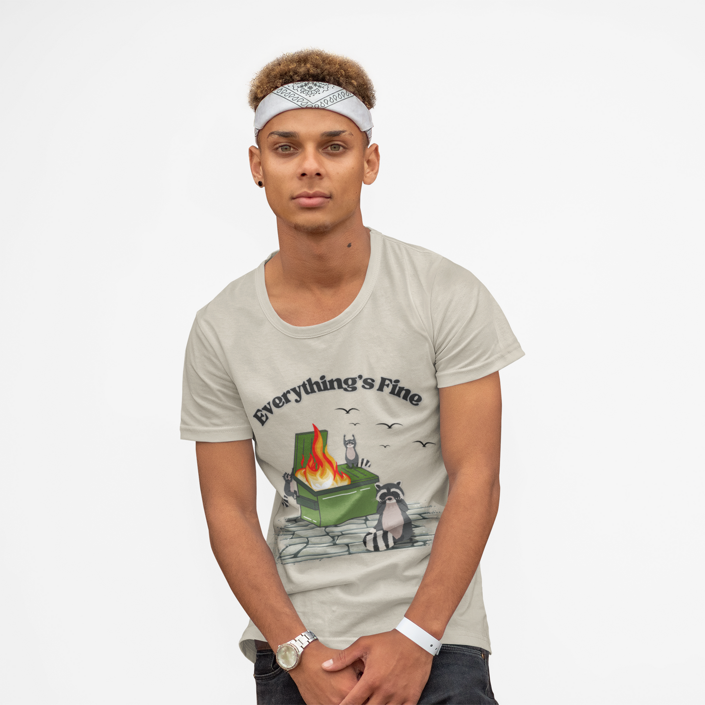 Everything's Fine Raccoon Dumpster Fire Funny Graphic Tee | Unisex Softstyle T-Shirt