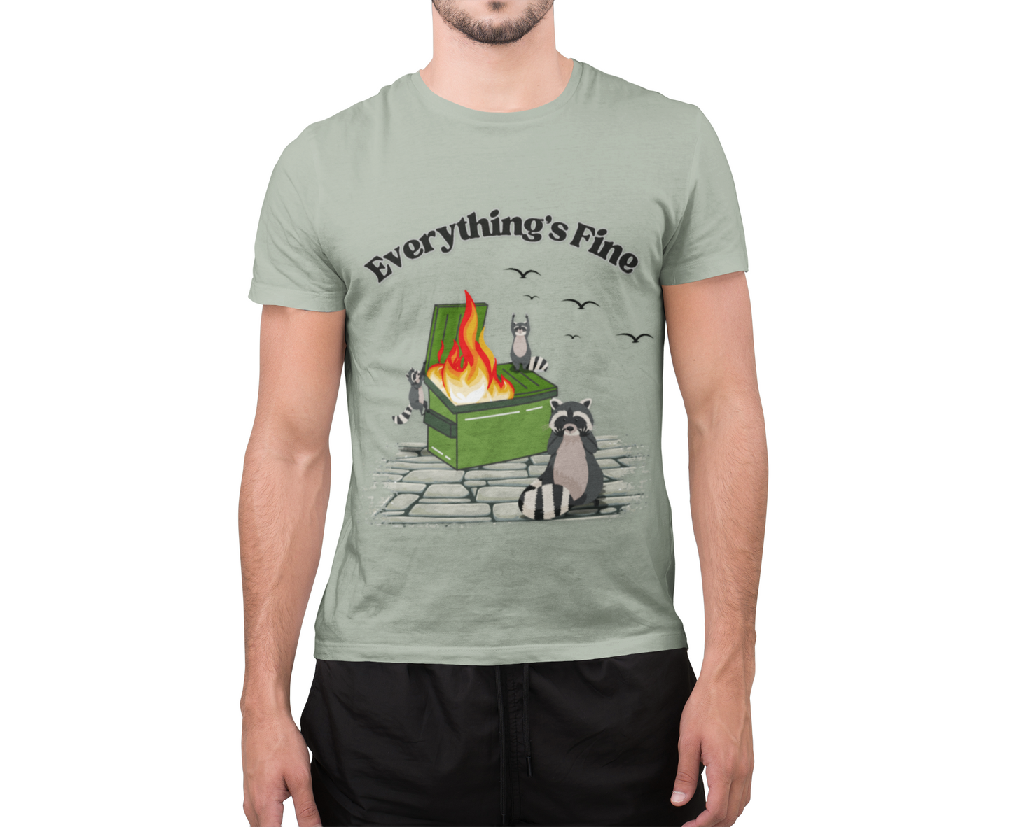 Everything's Fine Raccoon Dumpster Fire Funny Graphic Tee | Unisex Softstyle T-Shirt
