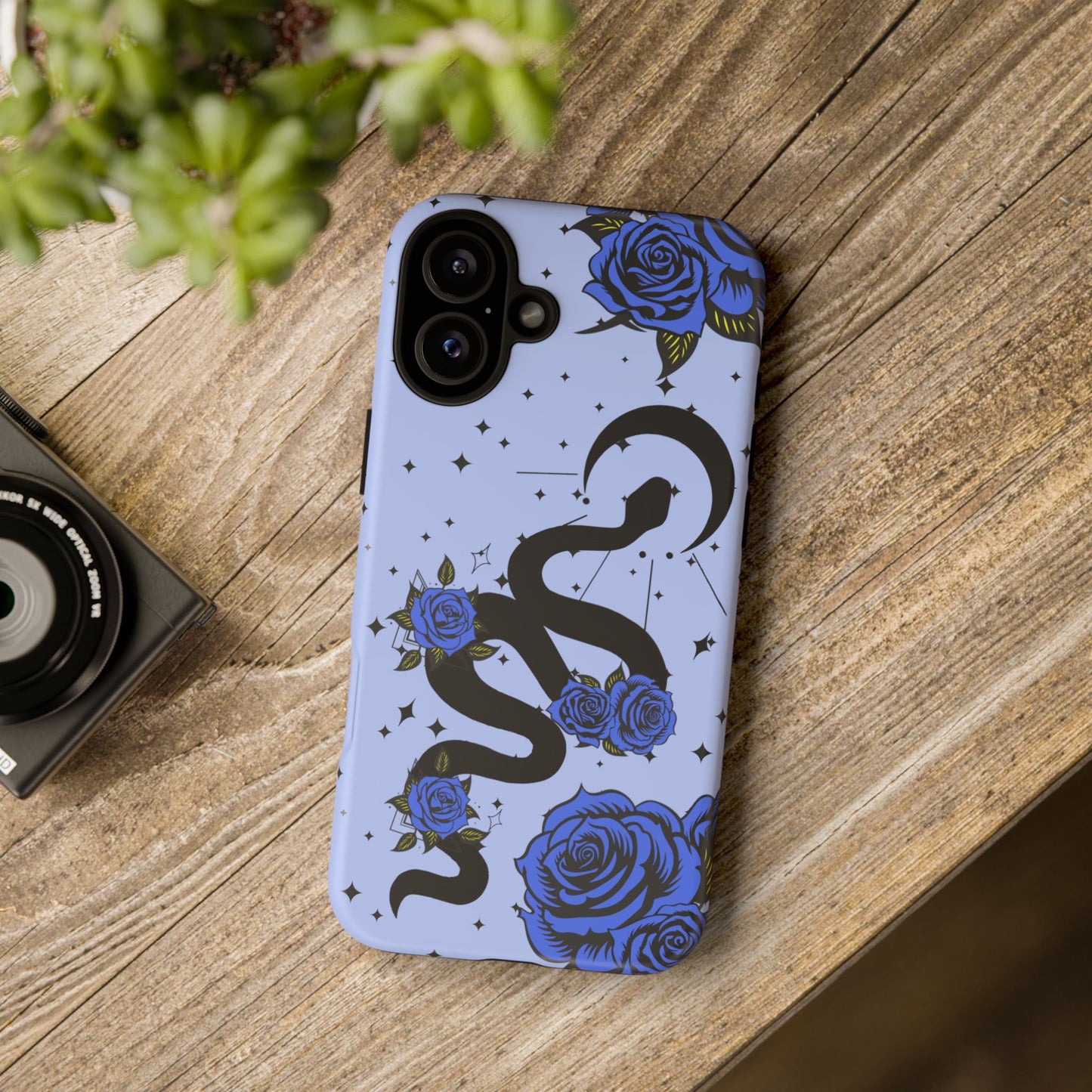 Blue Roses Crescent Moon Snake iPhone Case for iOS Devices