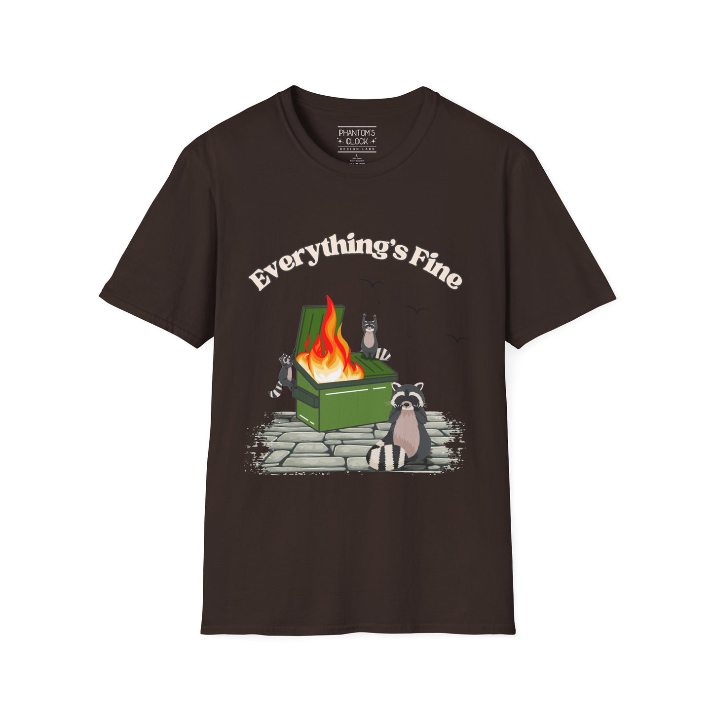 Everything's Fine Raccoon Dumpster Fire Funny Graphic Tee | Unisex Softstyle T-Shirt