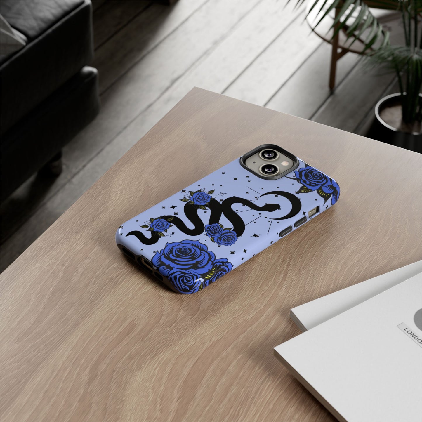 Blue Roses Crescent Moon Snake iPhone Case for iOS Devices