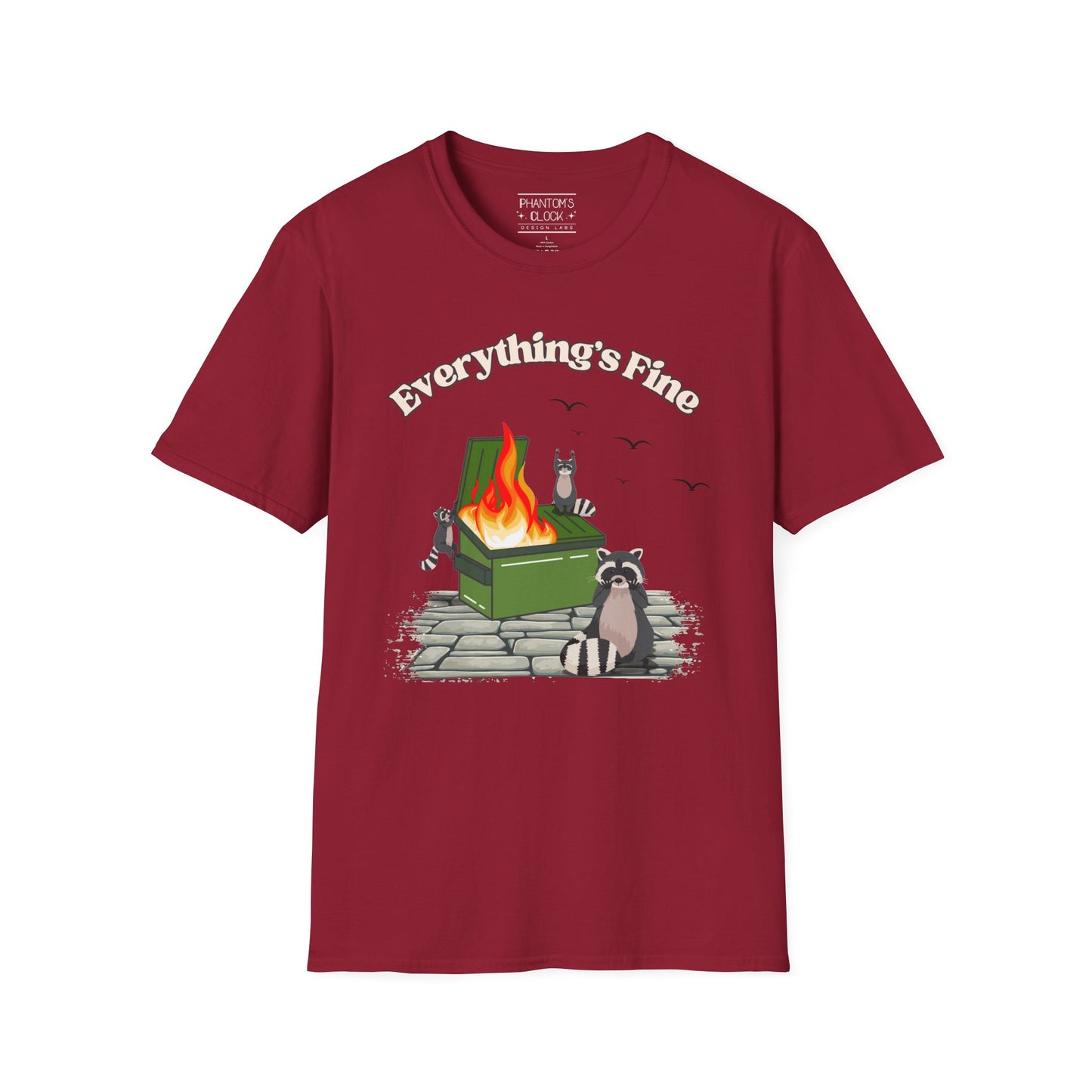 Everything's Fine Raccoon Dumpster Fire Funny Graphic Tee | Unisex Softstyle T-Shirt