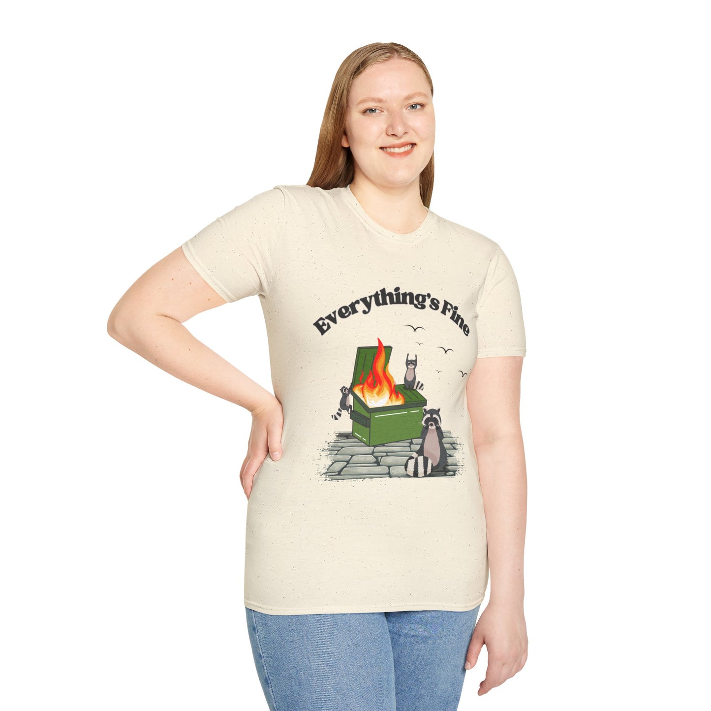 Everything's Fine Raccoon Dumpster Fire Funny Graphic Tee | Unisex Softstyle T-Shirt