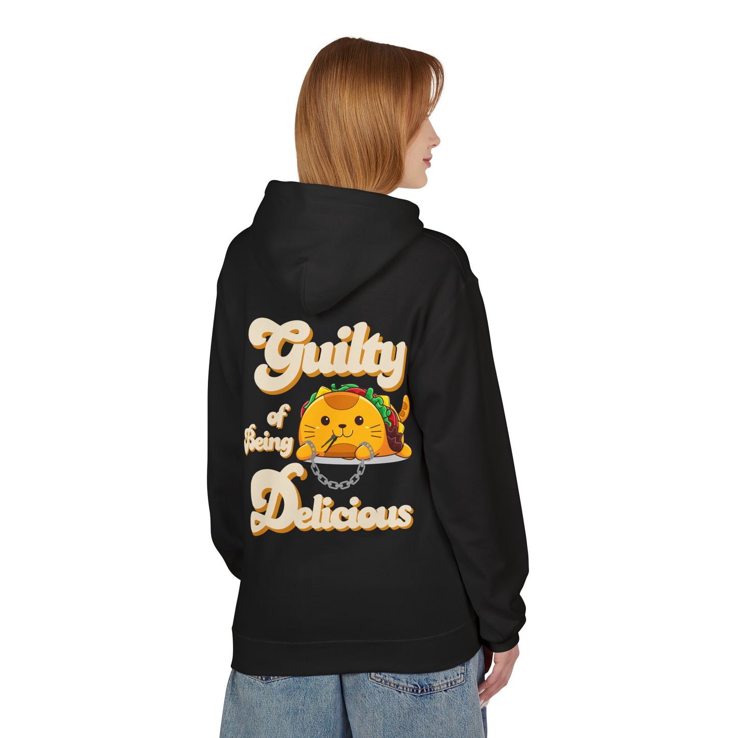 Kawaii Guilty Taco Cat - Front and Back Design Graphic Hoodie | Unisex Midweight Softstyle Fleece