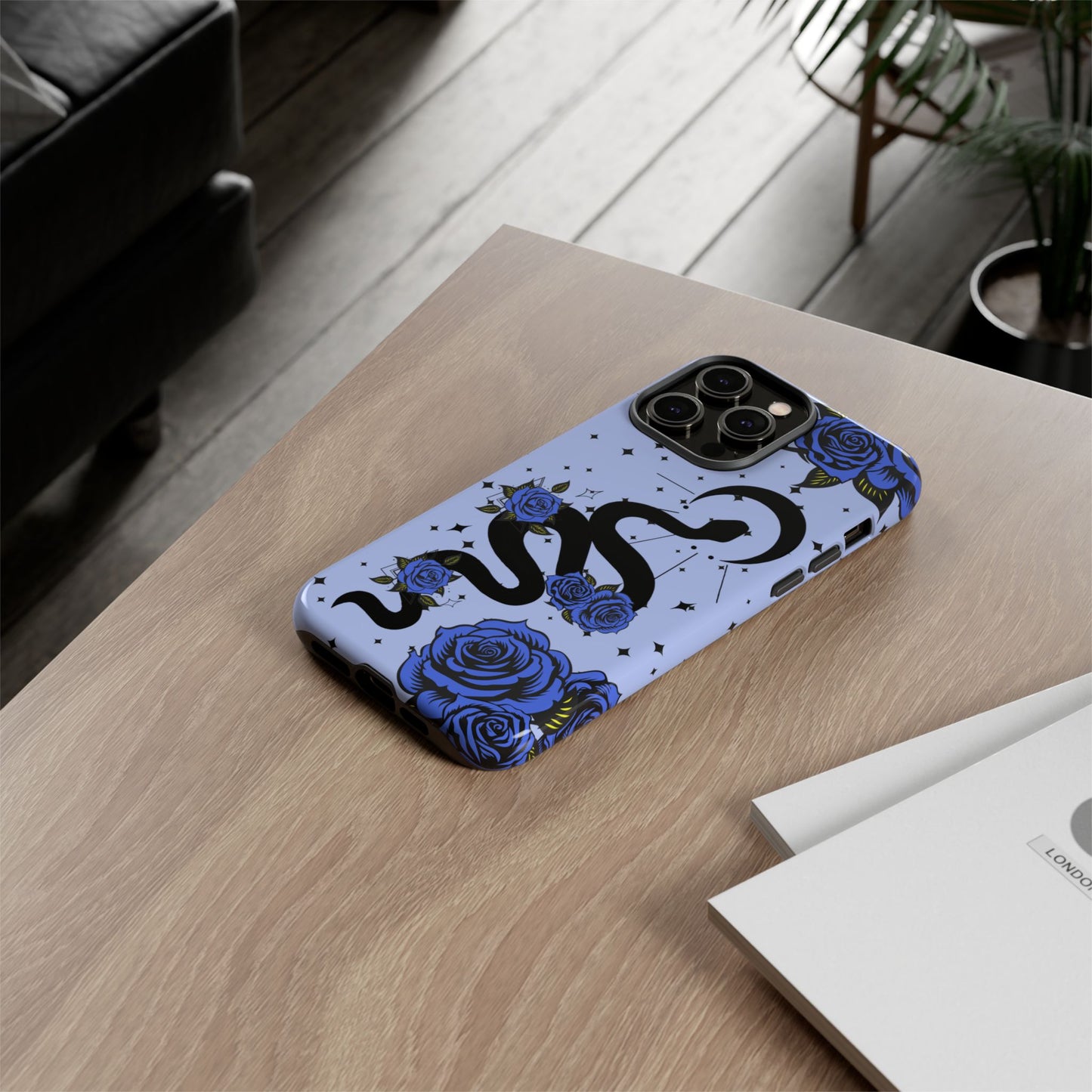 Blue Roses Crescent Moon Snake iPhone Case for iOS Devices