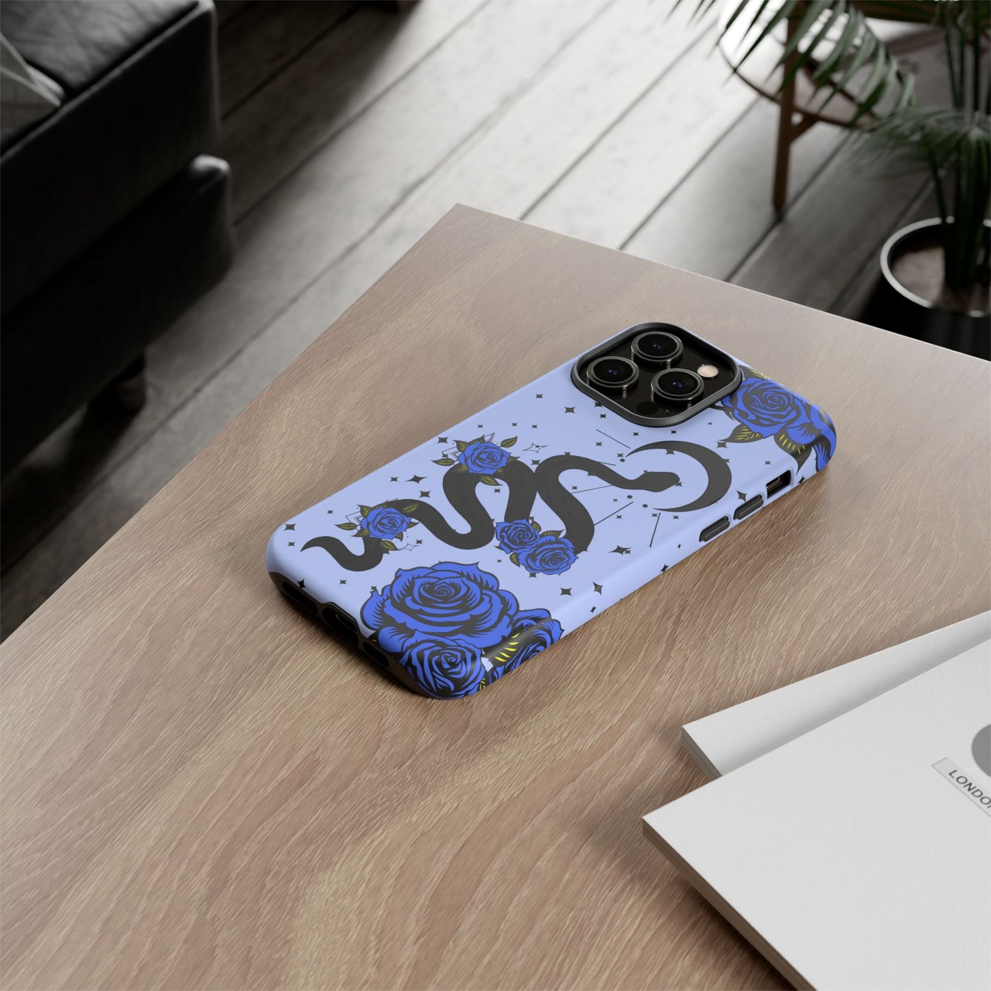 Blue Roses Crescent Moon Snake iPhone Case for iOS Devices
