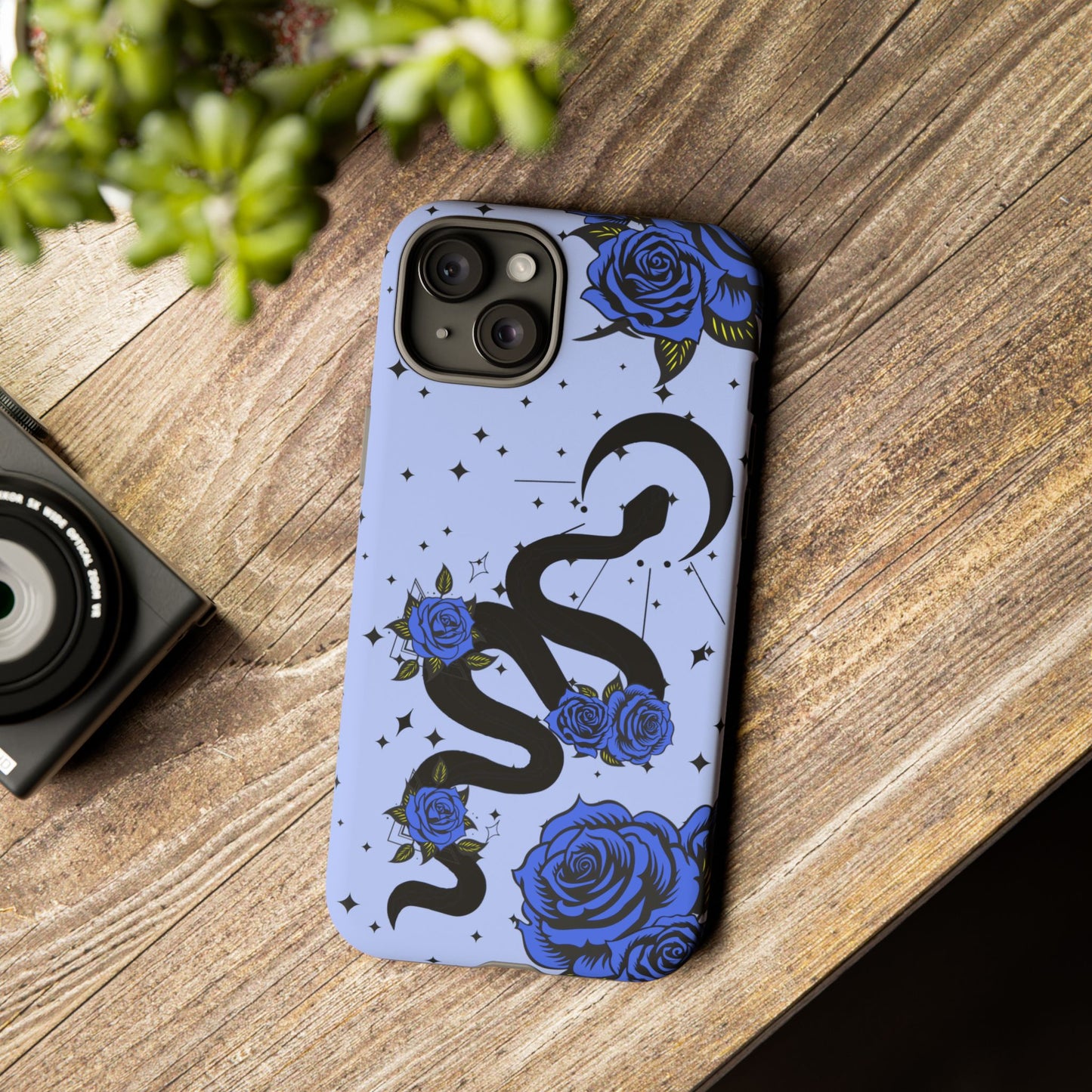 Blue Roses Crescent Moon Snake iPhone Case for iOS Devices