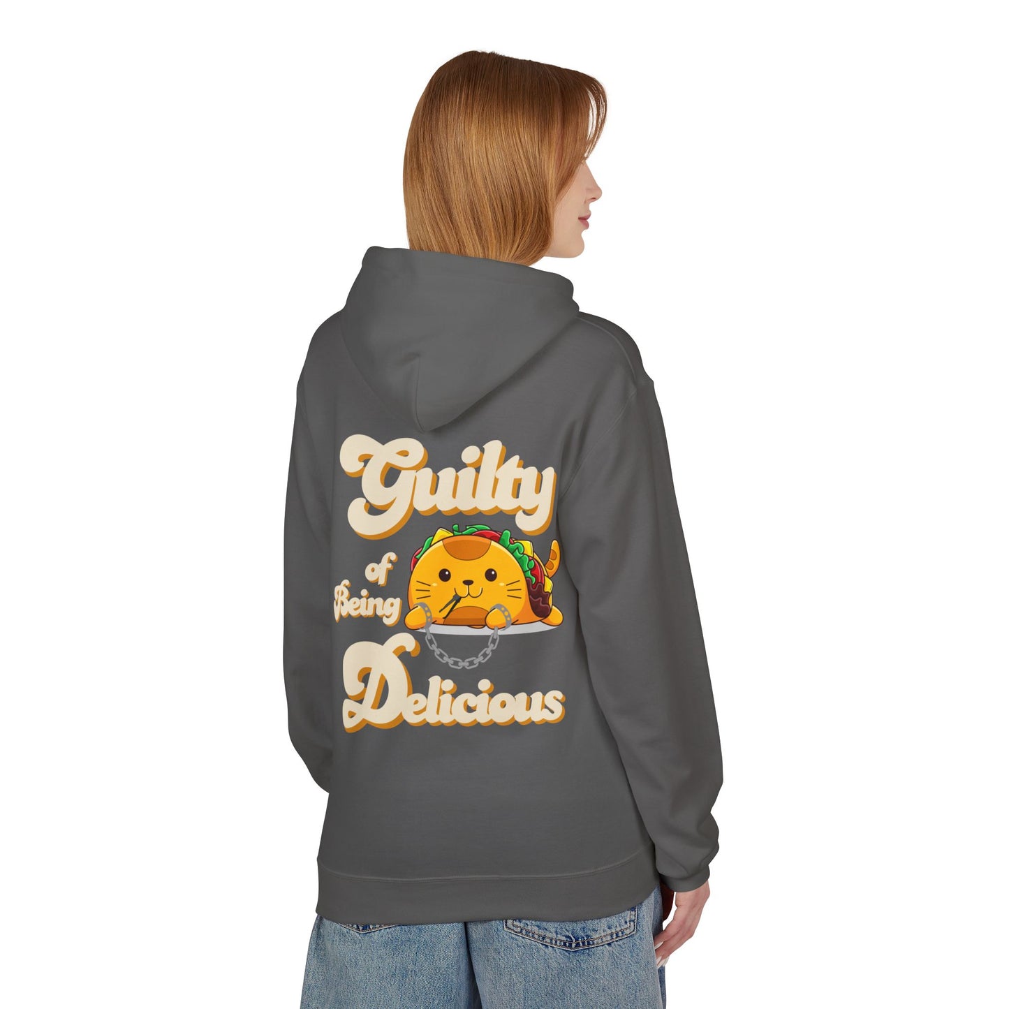 Kawaii Guilty Taco Cat - Front and Back Design Graphic Hoodie | Unisex Midweight Softstyle Fleece